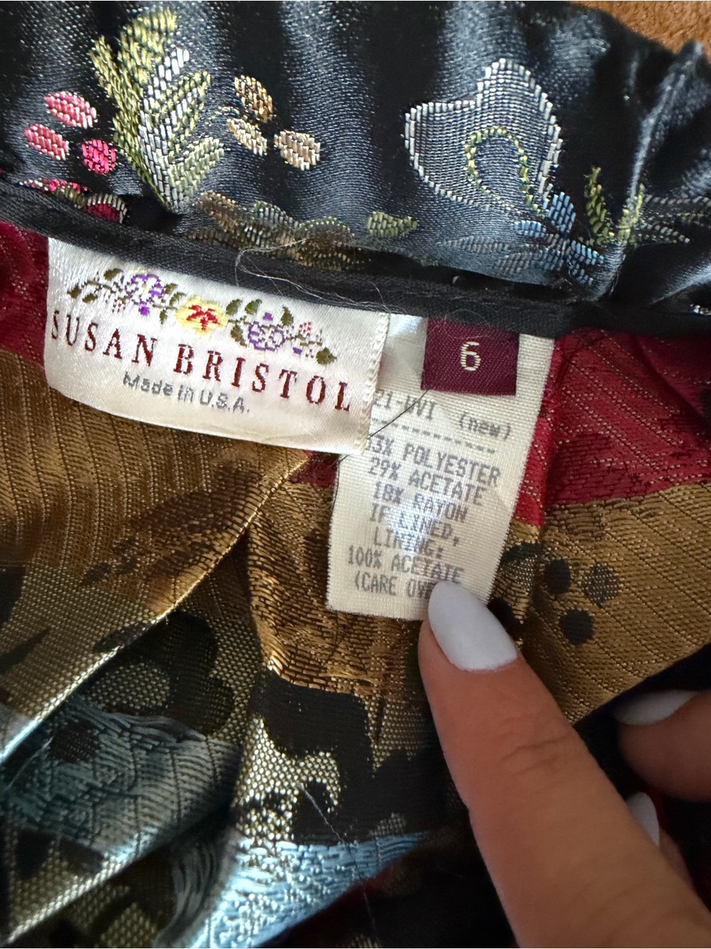Vintage Susan Bristol Black Floral Brocade Pleated Maxi Skirt Size 6 - Picture 6 of 7